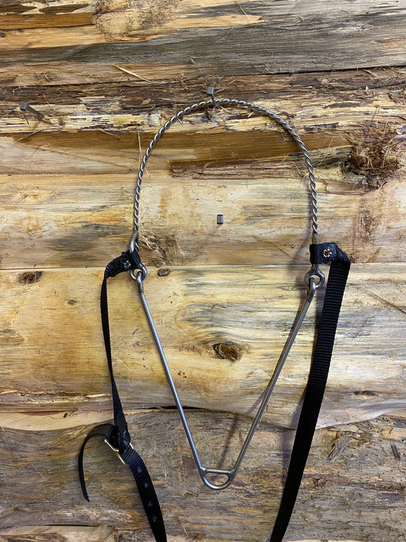 Horse size twisted wire hinged noseband with black nylon head piece. Made by L&W