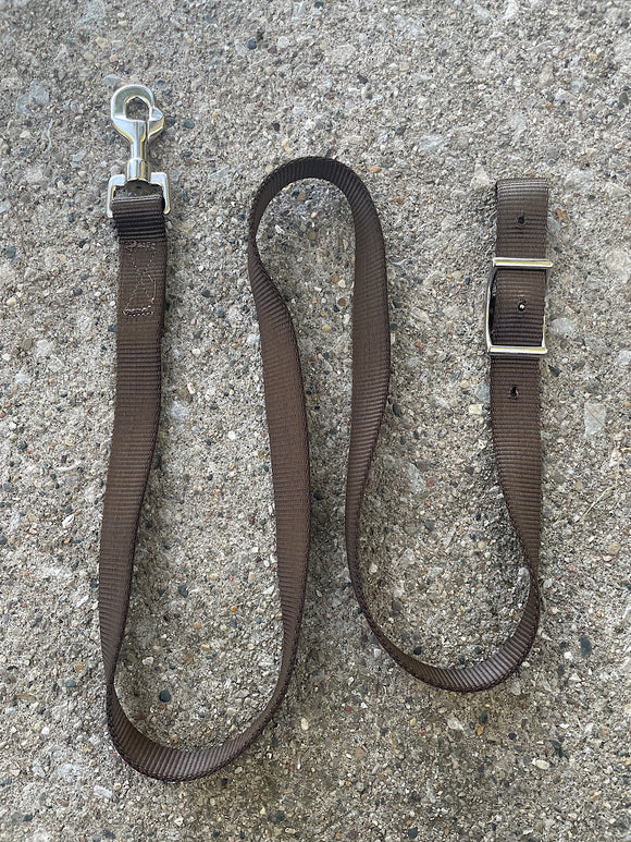 Brown flat nylon Tie Down Strap for horses with single snap and conway buckle