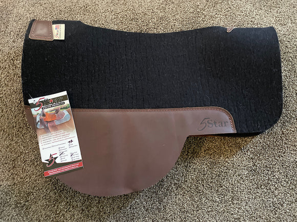 5 Star Treeless Saddle Pad Black 7/8 inch Brown wear leathers 38x28, Open Spine