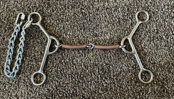 William Crutcher reverse gag snaffle bit for horses with angled 7 inch shank and 5-1/2 inch copper wrapped mouth
