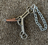 William Crutcher reverse gag snaffle bit for horses with angled 7 inch shank and 5-1/2 inch copper wrapped mouth