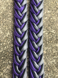 Martha Josey barrel racing rein, the Super Knot rein in purple, black and silver