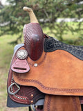 15 inch hot oil, original Billy Cook with 6 inch rear cinch, matching breastcollar, and 2 inch original Walls stirrups