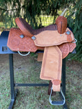 14.5 inch Pro Rider Saddle, carved basket tooling, square conchos, 5052-7MGT