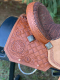 14.5 inch Pro Rider Saddle, carved basket tooling, square conchos, 5052-7MGT