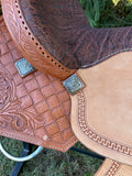 14.5 inch Pro Rider Saddle, carved basket tooling, square conchos, 5052-7MGT