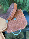 14.5 inch Pro Rider Saddle, carved basket tooling, square conchos, 5052-7MGT