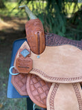 14.5 inch Pro Rider Saddle, carved basket tooling, square conchos, 5052-7MGT