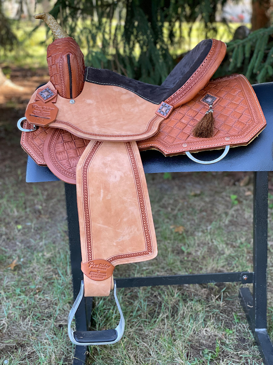 14 inch Pro Rider Saddle, carved basket tooling, cut corner skirt, 505 ...