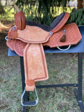 14 inch Pro Rider Saddle, carved basket tooling, cut corner skirt, 5053-7MGT-NOI