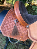 14 inch Pro Rider Saddle, carved basket tooling, cut corner skirt, 5053-7MGT-NOI