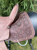 New 14 inch hard seat Pro Rider barrel saddle with copper pinwheel conchos and 4.5 inch pencil roll cantle with copper dots