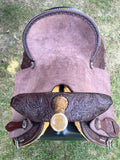 New 14 inch hard seat Pro Rider barrel saddle with copper pinwheel conchos and 4.5 inch pencil roll cantle with copper dots