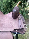 New 14 inch hard seat Pro Rider barrel saddle with copper pinwheel conchos and 4.5 inch pencil roll cantle with copper dots