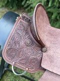 New 14 inch hard seat Pro Rider barrel saddle with copper pinwheel conchos and 4.5 inch pencil roll cantle with copper dots