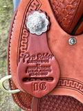 New 16 inch Pro Rider saddle with 7 inch gullet, waffle tooling, worm border, black suede seat