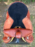 New 16 inch Pro Rider saddle with 7 inch gullet, waffle tooling, worm border, black suede seat