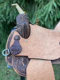 New 14.5 inch Pro Rider barrel saddle with wide tree buffed leather and pencil roll cantle hard seat