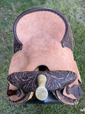 New 14.5 inch Pro Rider barrel saddle with wide tree buffed leather and pencil roll cantle hard seat