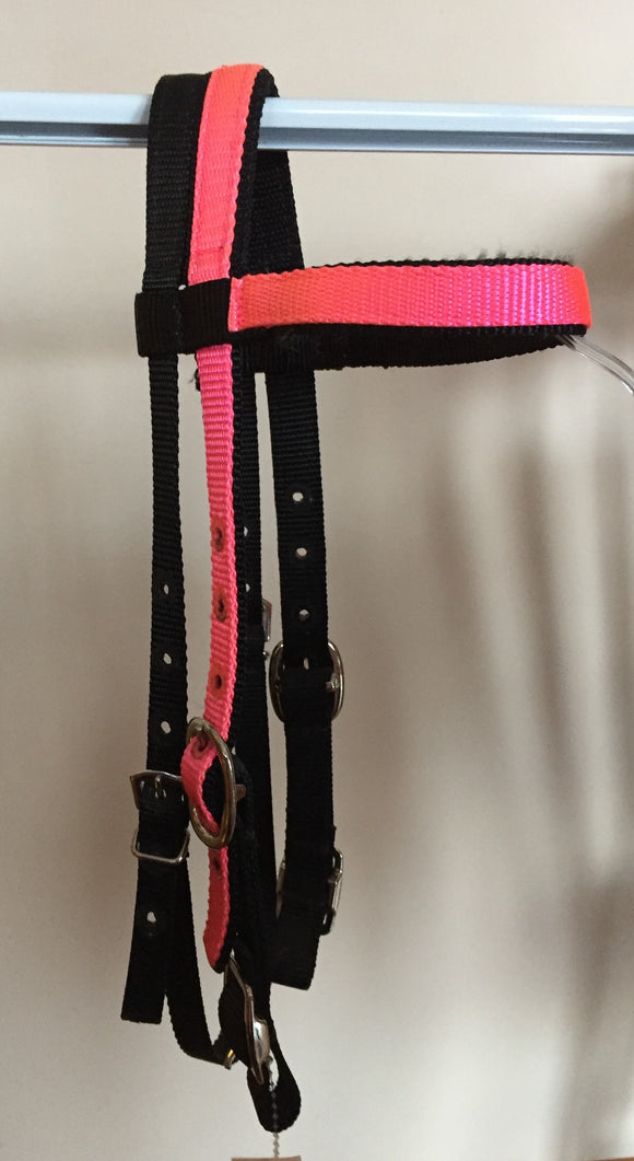 Pony Browband Headstall Black with Hot Pink Overlay