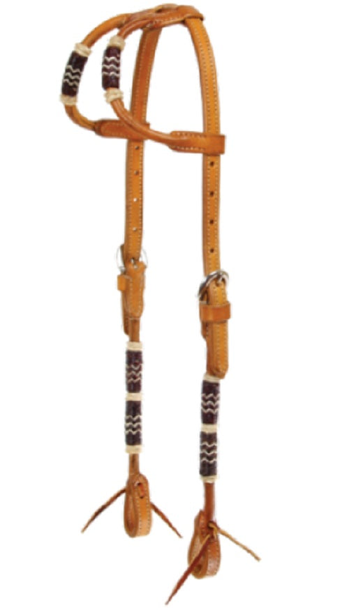 Schutz Brothers Double Round Ear Headstall with Chocolate Rawhide Wraps