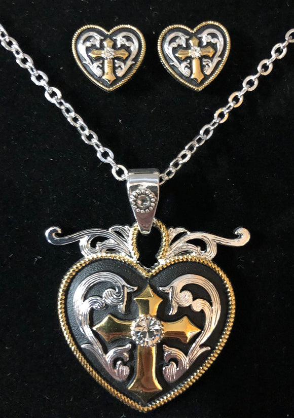 Western Edge Heart Cross Crystal Jewelry Set TBJS2610