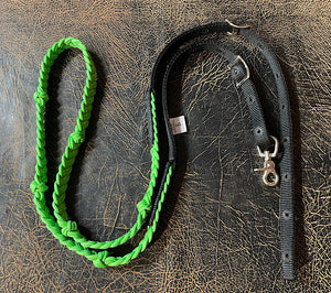 Braided Lime Green Barrel Rein with Black Nylon Ends