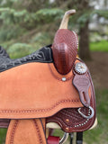 15.5 inch - SOLD - Billy Cook Barrel Saddle with Rear Flank Cinch, hot oil, stainless dots, 1530