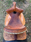 16 inch used Guffey Saddle, rust suede seat, swept back pommel