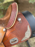 Used, 14.5 inch Circle P saddle. Nice barrel starter, trail or husband saddle