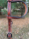 Professionals Choice chestnut colored single ear headstall with stitched borders and black vine tooling 3P1027-C