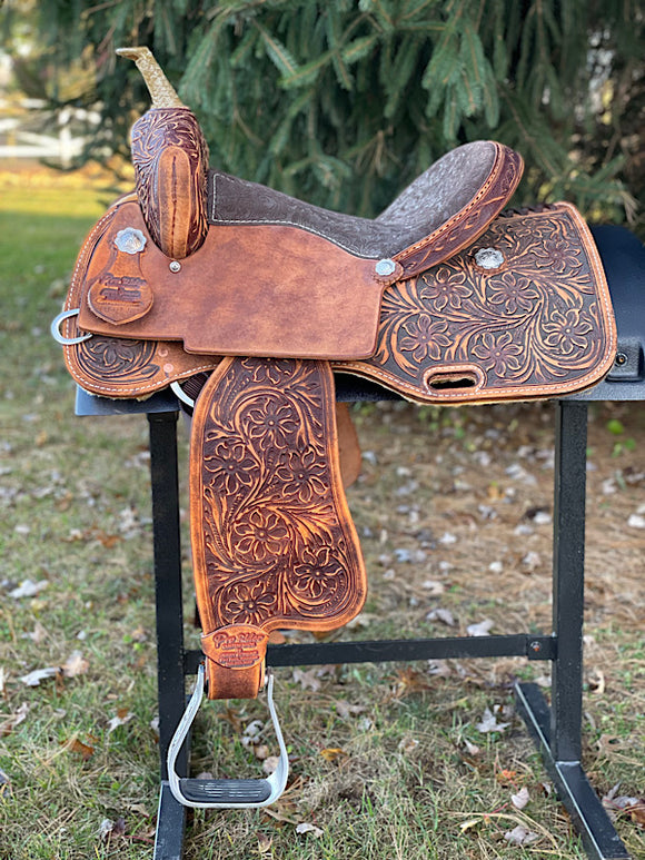 14.5 inch - SOLD - Pro Rider Saddle, brushed leather, daisy suede seat, 4889-7MGT