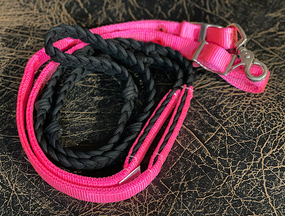Braided Black Barrel Rein with Hot Pink Nylon Ends
