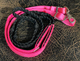 Braided Black Barrel Rein with Hot Pink Nylon Ends