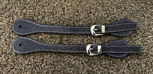 Purple, straight, leather spur straps with 5/8" stainless steel adjustable buckles.